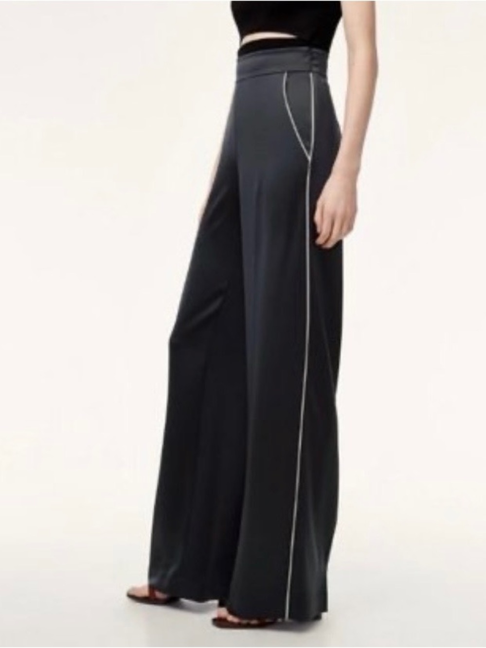 Aritzia- Wilfred Brand Black Wide-Leg Satin Pants, White Piping Along Sides.